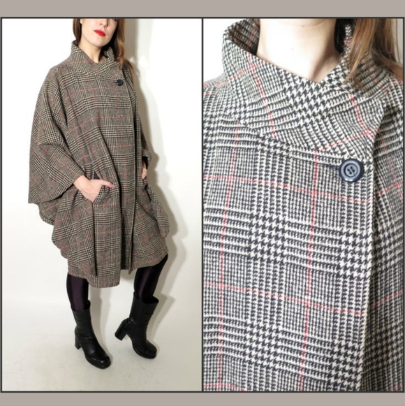RARE Vintage 1980s Villagio Sport Wool Houndstooth Plaid Cape Poncho Coat OSFM